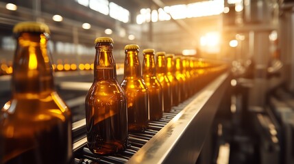 Automated modern beer bottling factory line with glass bottles, highlighting brewery industry
