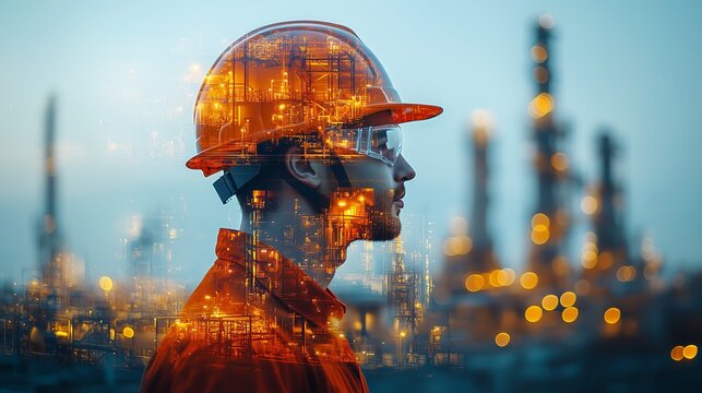 Engineer with Safety Helmet Double Exposure Over Minimalist Oil Refinery Plant Background