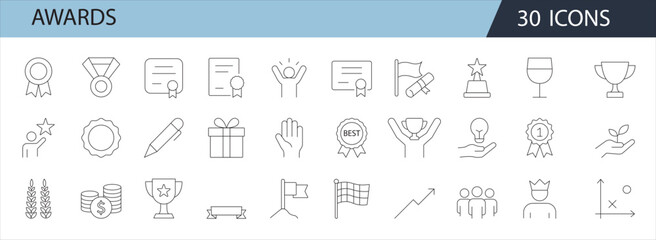 Flat Vector Awards Icon Set - 30 Icons for Achievement, Recognition, and Success