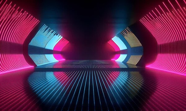 Digital background featuring neon lights and code patterns on a dark backdrop, creating an atmosphere of futuristic technology and digital innovation. 
