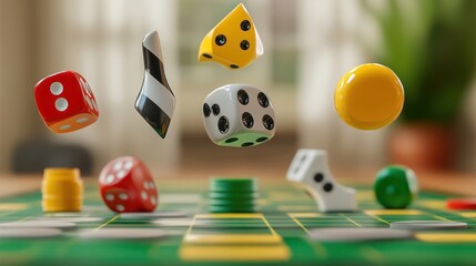 Vibrant board game pieces in mid-air, showcasing a dynamic play moment