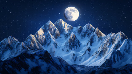 Majestic moonlit mountain captivating scene of snowcovered peaks under bright lunar glow. moonlit ridge. illustration. [Hollow Monoliths] | Lunar Spires | moonlit peaks. Illustration