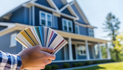 choosing the perfect house color scheme a homeowner holds paint swatches against their home exterior renovation and design inspiration concept