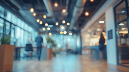 Blurred interior of a modern office space showcasing innovation and teamwork