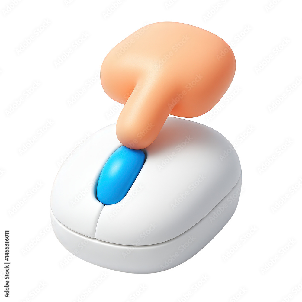 Poster a stylized 3d rendered hand gesture clicking the main button of a generic computer mouse.