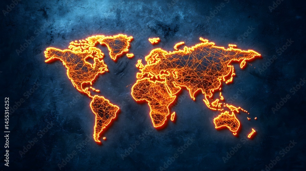 Poster the image contains a glowing orange neon outline of a world map on a dark blue textured background. 