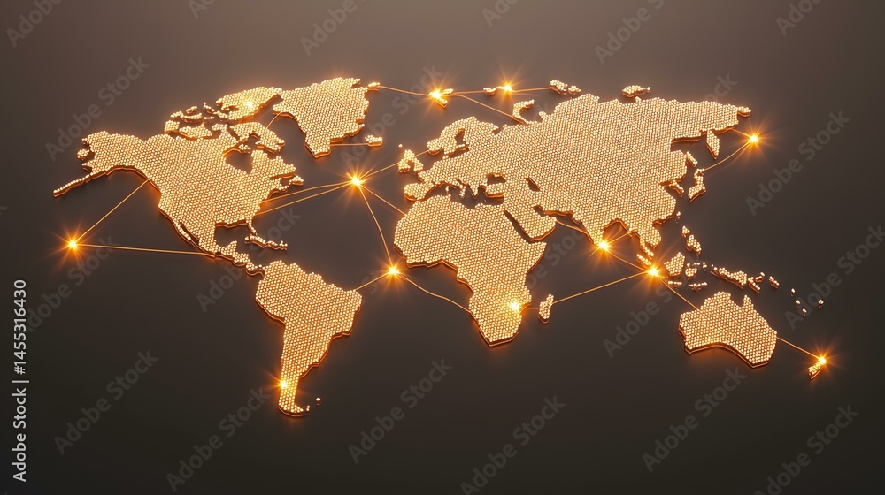 Poster a three-dimensional world map, composed of illuminated golden dots, is interconnected by glowing lin