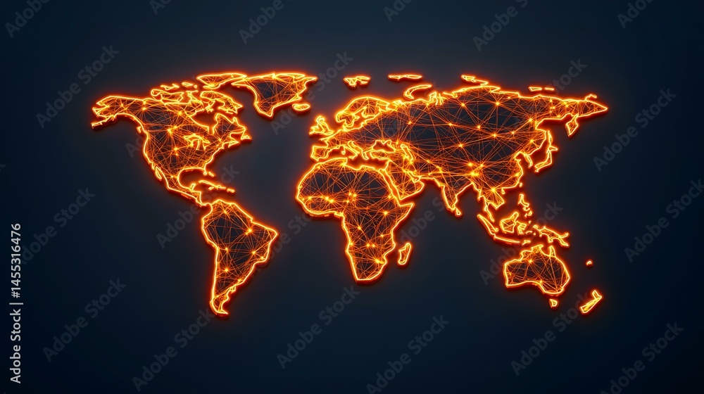 Poster the image contains a glowing orange world map composed of interconnected nodes and lines, resembling