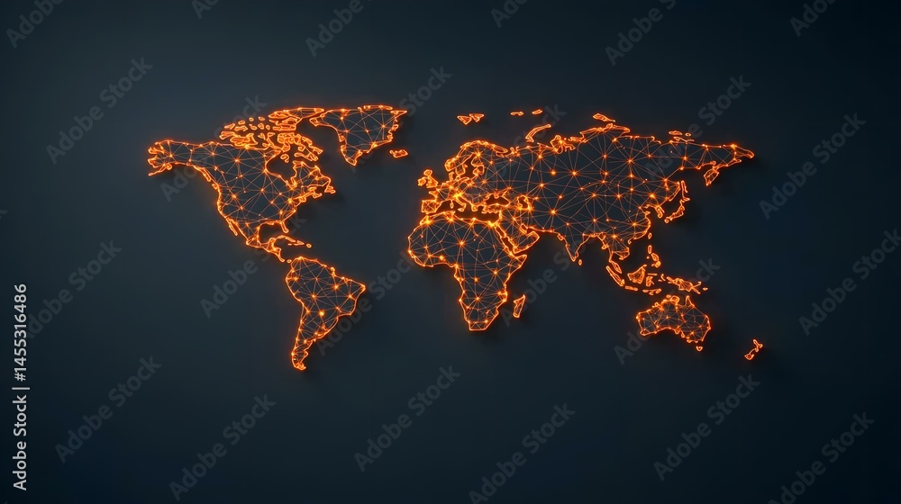 Poster the image contains a glowing orange wireframe representation of a world map on a dark gray backgroun