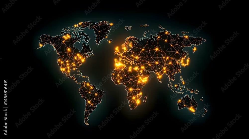 Poster the image shows a world map depicted as a network of interconnected points of light, symbolizing glo