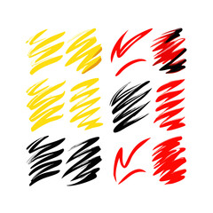 Obraz premium Abstract Brush Stroke Collection With Yellow White Red Colors On Black Backdrop