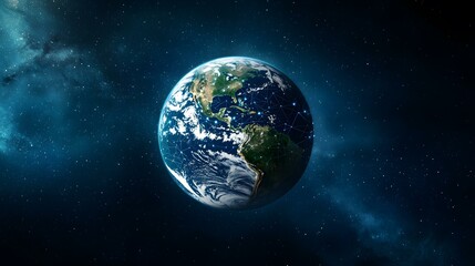 Fototapeta premium The image shows a detailed rendering of planet Earth, set against a backdrop of stars and nebulae in outer space. A network of glowing lines connects various points across the globe, symbolizing glo