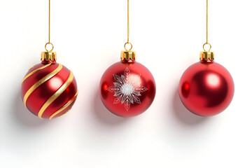 Red Christmas baubles hanging on white background with festive decoration
