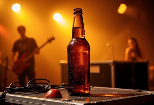 Condensation-covered beer bottle sits on stage amidst a live music performance, bathed in warm lighting.