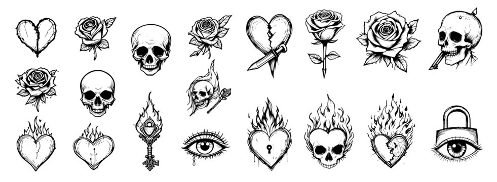love elements vector set with broken heart, rose dagger, cupid arrow, flaming heart, crying eye, couple skulls, lock and key vector set illustration on white background