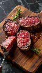 Juicy, perfectly seared steak slices rest on a wooden board with rosemary and sea salt.
