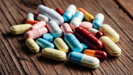 Assorted Pills Scattered On A Wooden Table, Showcasing A Variety Of Medications In Different Shapes And Colors, Representing Healthcare, Treatment, And Pharmaceutical Industry Concepts.	
