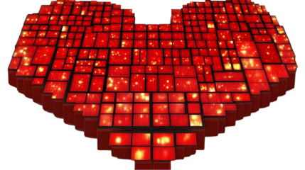 Abstract 3D Red Heart Illustration With Pixelated Cubes on Transparent Background