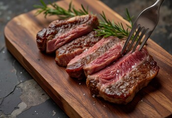 Juicy steak slices rest on wooden board, garnished with rosemary and pierced by fork.