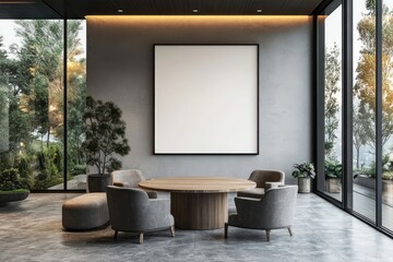 Modern, spacious interior with a blank frame and a round table.