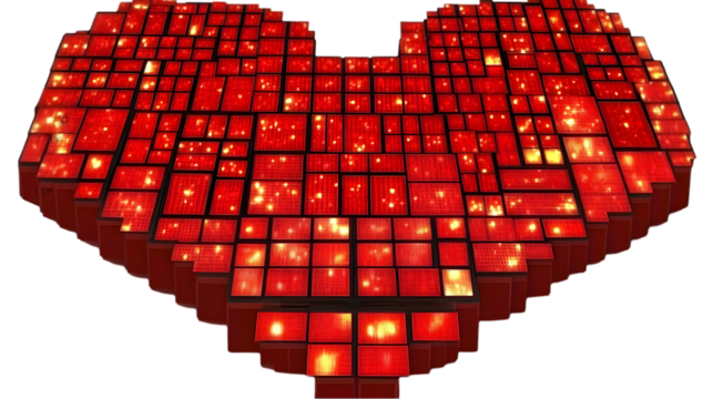 Abstract 3D Red Heart Illustration With Pixelated Cubes on Transparent Background