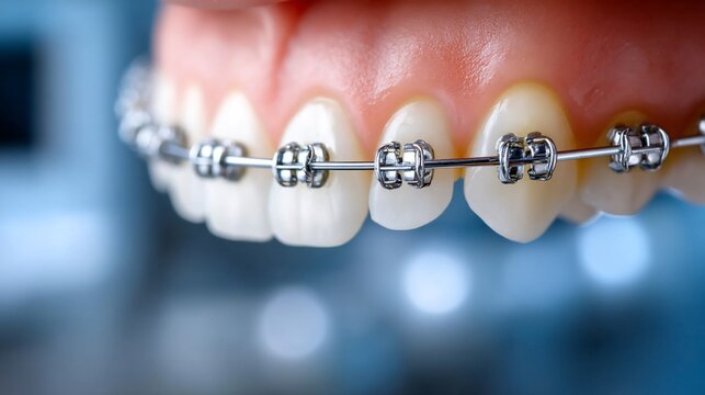 Close-up of teeth with metal braces, showcasing dental alignment