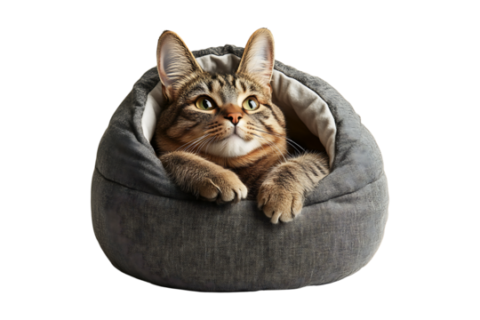 Curious Cat with Bunny Ears Gazes from Cozy Bed isolated on transparent background
