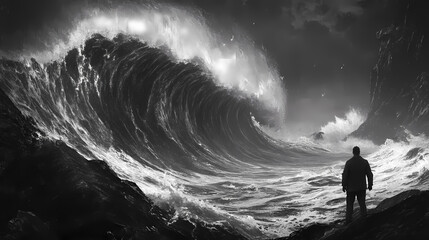 Obraz premium Man facing immense ocean wave, giant wave, huge wave, massive wave, tsunami, big wave. [Hollow Monoliths] | Storm Shrines | weathered reverence. Illustration