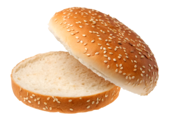 Floating hamburger bun with sesame seeds, separated halves, isolated on transparent background.
