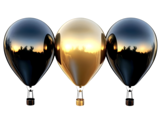 Abstract 3D Render of Metallic Hot Air Balloons Reflecting Sky At Sunrise
