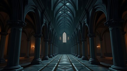 Fototapeta premium Dramatic Interior of a Gothic Style Hallway with Columns and Arches