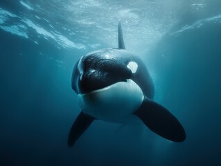 Obraz premium Close-up view of a killer whale swimming underwater.