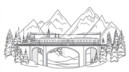 Train crossing mountain valley, scenic view, art illustration, line drawing, stock image