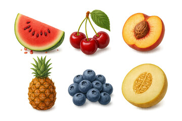 Fototapeta premium Juicy summer fruits collection on transparent background. Watermelon, cherries, peach, pineapple, blueberries, melon. Fresh healthy food illustration for menu, packaging design