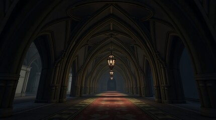 Fototapeta premium Majestic arched corridor with ornate lamps illuminating the dark ambiance