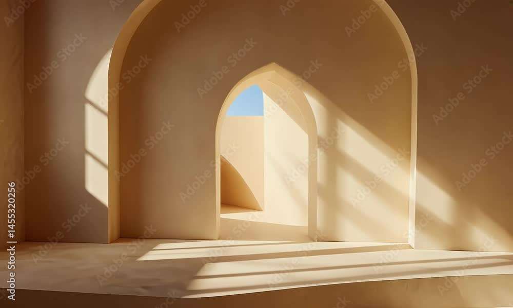 Poster 3d rendering of an abstract background with a window shadow on an empty wall, a light beige room int
