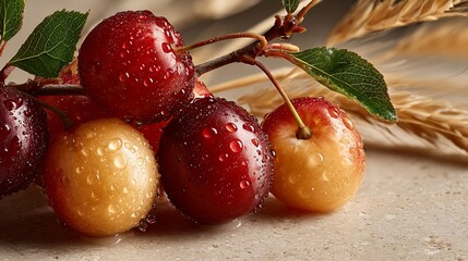 Juicy red and yellow cherries glistening with water droplets, nestled amongst wheat stalks