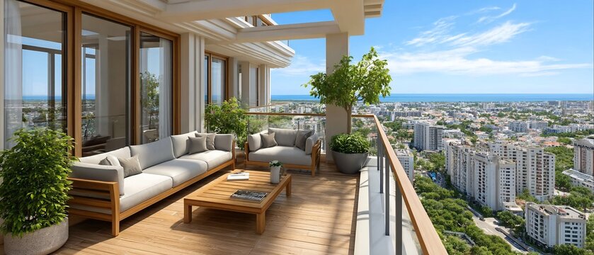 Luxurious apartment balcony overlooking a cityscape and ocean.  Outdoor furniture creates a relaxing space