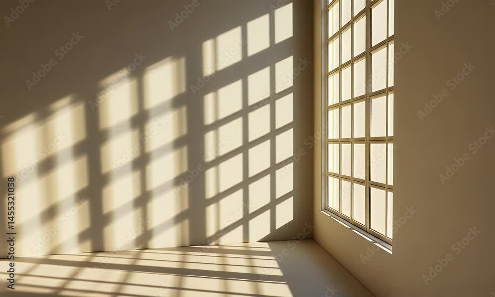 Poster 3d rendering of an abstract background with a window shadow on an empty wall, a light beige room int