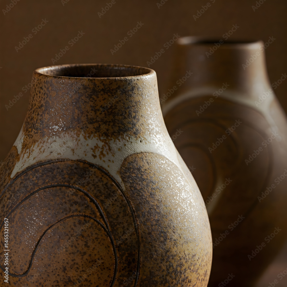 Poster two ceramic vases with textured earthy glazes and circular patterns are shown in soft lighting again