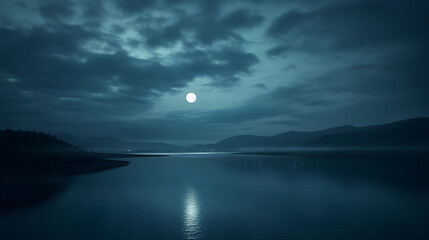 Calm Enchantment: The Quiet Beauty Beneath an Overcast Night Sky with Reflected Moonlight