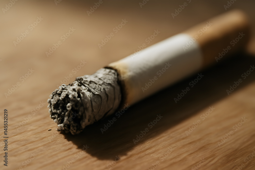 Poster a lit cigarette with a long ash column rests on a wooden surface, captured in a close-up view with s