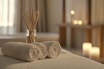 serene spa ambiance with rolled towels fragrance diffuser and candle soft lighting perfect for relaxation and wellness promotion