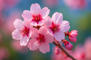 Obraz premium A close-up shows delicate pink blossoms and buds on a branch with a softly blurred background