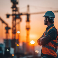 construction worker stands confidently with arms crossed, wearing hard hat and safety vest at sunset lit construction site