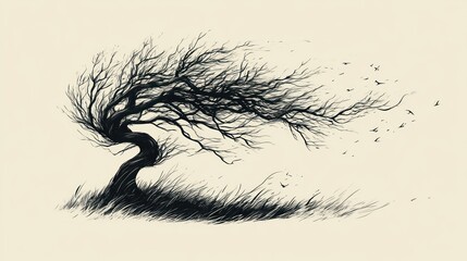 Fototapeta premium Windswept tree silhouette, artistic drawing, tranquil scene, potential use for nature print or digital art