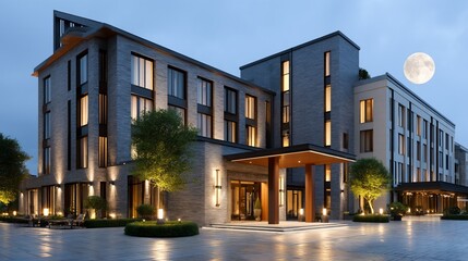 Modern hotel at night, illuminated facade, full moon