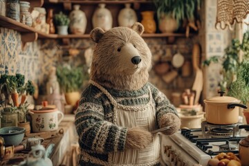 Bear cooking in cozy kitchen home illustration warm atmosphere whimsical concept