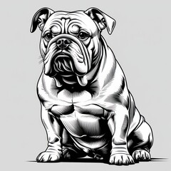 Powerful bulldog, sitting posture, detailed illustration