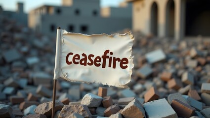 Tattered Ceasefire Banner Amidst Rubble: A Symbol of Fragile Peace, symbolizing hope and the end of conflict